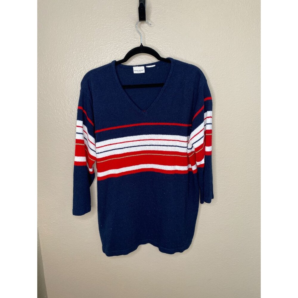 White‎ Stag Womens V-Neck Sweater Red White Blue Striped Design Long Sleeve